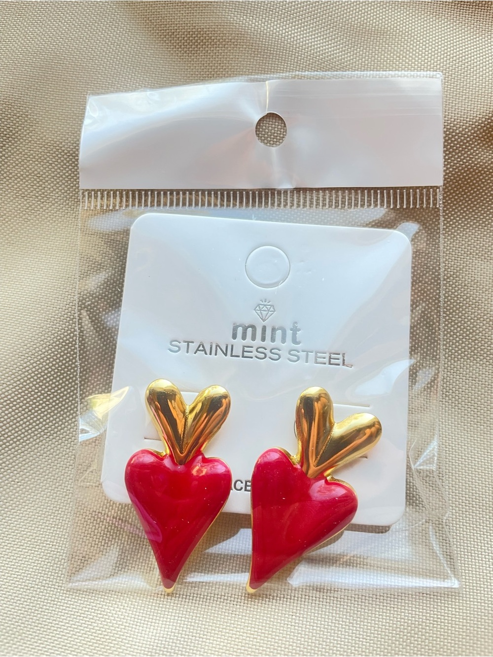 Mint Gold-Tone Red Heart Drop Stainless Steel Earrings